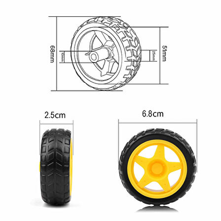 Tt Tekerlek 2.5x6,8cm Plastik Sarı Oyuncak Araba Rubber Lastik Robot Tekerlek Akılı Araç Oyuncak