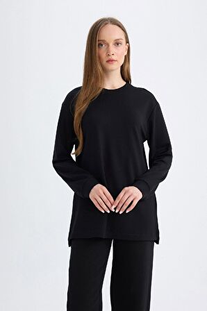 DeFacto Regular Fit Bisiklet Yaka Basic Düz Siyah Sweatshirt Tunik D4598AX24AUBK81