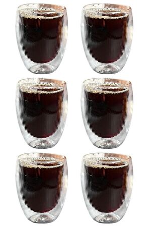 Çift Cidarlı Çizgili Cam,Kahve,Latte,Ekspresso,Meşrubat 300 ML Bardak Seti 6 Adet 2322