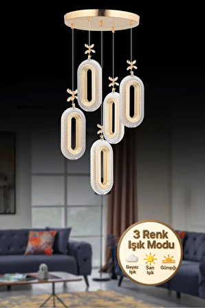 Litra Lighting Alfa Led 5'li Gold 3 Renk Ledli Kristal Taşlı Modern Led Avize