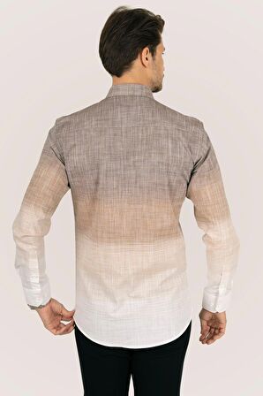 Panolu Kahve Bej Geçişli Slimfit Keten Gömlek