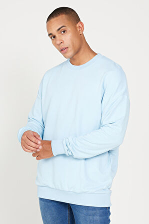 Erkek Açık Mavi Oversize Bol Kesim 3 Iplik Bisiklet Yaka Pamuklu Sweatshirt