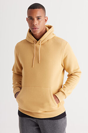 Erkek Hardal Standart Fit Içi Polarlı 3 Iplik Kapüşonlu Kanguru Cepli Pamuklu Sweatshirt