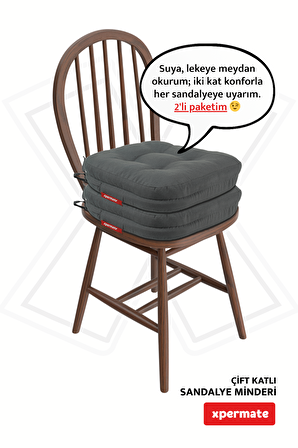 XPERMATE 2'li Çift Kat Sandalye Minderi Fermuarlı Yıkanabilir Kılıf Bağcıklı Su ve Yağ İtici 42x42x8 Antrasit