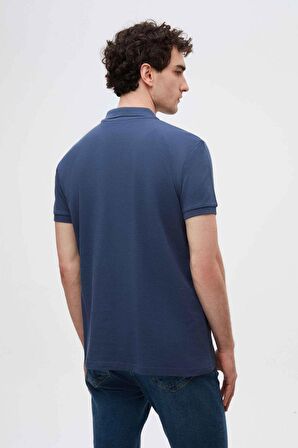 D'S Damat Regular Fit İndigo Pike Dokulu %100 Pamuk Kıvrılmaz Polo Yaka Nakışlı T-Shirt 4HC14ORT51000