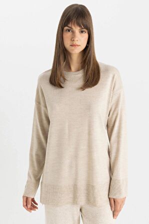 DeFacto Regular Fit Bisiklet Yaka Yırtmaçlı Basic Düz Triko Kazak Tunik C5165AX24AUBG646