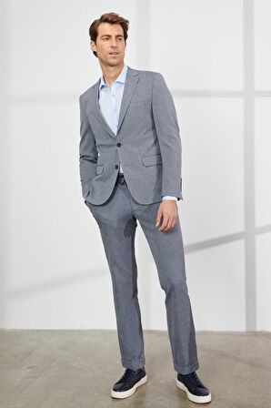 Erkek Gri Slim Fit Dar Kesim Mono Yaka Gofre Desenli Takım Elbise