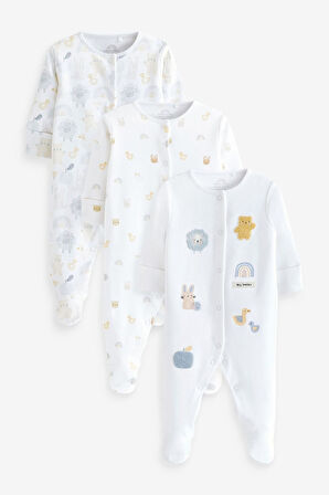 Next Baby % 100 Pamuklu Beyaz Hayvan Desenli 3’lü Tulum Set