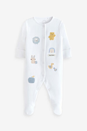 Next Baby % 100 Pamuklu Beyaz Hayvan Desenli 3’lü Tulum Set