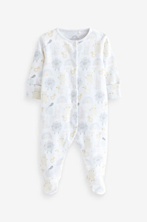 Next Baby % 100 Pamuklu Beyaz Hayvan Desenli 3’lü Tulum Set