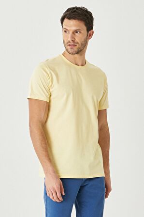 Erkek Sarı %100 Pamuk Slim Fit Dar Kesim Bisiklet Yaka Kısa Kollu Tişört