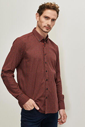 Erkek Antrasıt-kırmızı Slim Fit Dar Kesim Düğmeli Yaka Flanel Gömlek