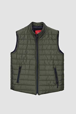 Regular Fit Haki Dik Yaka Elyaf Dolgulu Mevsimlik Fermuarlı Yelek Mont 7HF07ORT42611