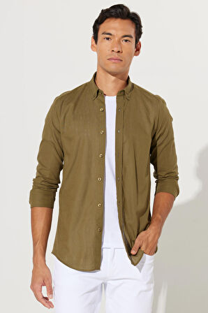 Erkek K.haki Tailored Slim Fit Oxford Düğmeli Yaka Keten Görünümlü %100 Pamuk Flamlı Gömlek