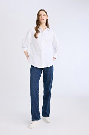 Oversize Geniş Kalıp Basic Düz Oxford Uzun Kollu %100 Pamuk Gömlek