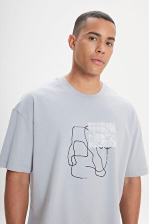 Erkek Gri Oversize Bol Kesim Bisiklet Yaka %100 Pamuk Baskılı Tişört