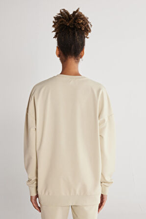 Unisex Bej Oversize Bol Kesim Bisiklet Yaka Pamuklu Esnek Sweatshirt