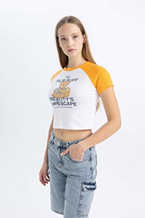 DeFacto Coool Fitted Bisiklet Yaka Baskılı Fitilli Kaşkorse Kısa Kollu Tişört C5720AX24SMOG71