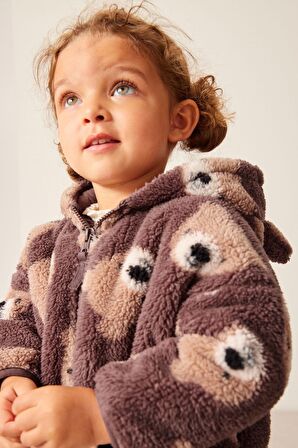 Kahverengi Borg Ayıcık Desenli Fermuarlı Kapüşonlu Ceket/Mont