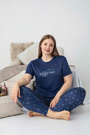 Kadın Bisiklet Yaka Düğmesiz Battal Kesim Viskon Yazlık Kısa Kol Büyük Beden Pijama Takımı