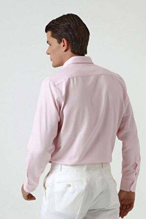 Slim Fit Pembe Armürlü Düğmeli Yaka Pamuklu Gömlek 5HC02ORT07265