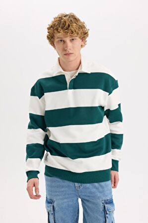 Boxy Fit Polo Yaka Çizgili Sweatshirt