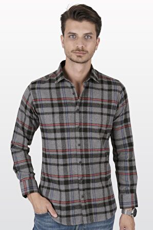 Füme Kırmızı Çizgili Slimfit Oduncu Gömlek