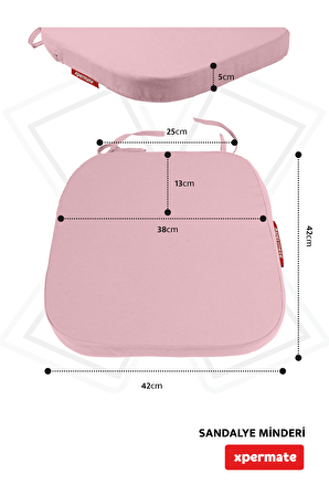 XPERMATE 2'li StandartFit Oval Sandalye Minderi Fermuarlı Yıkanabilir Kılıf Bağcıklı Su ve Yağ İtici 42x42x5 Pembe