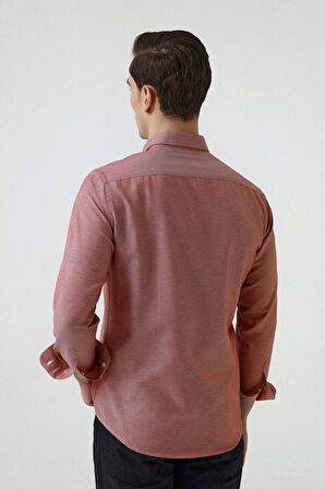 Ds Damat Slim Fit Kırmızı Armürlü Düğmeli Yaka Pamuklu Gömlek 5HC02ORT07265 5HC02ORT07265