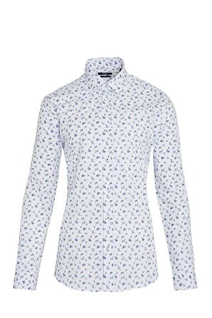 Beyaz Slim Fit Çiçek Desenli Gömlek | S