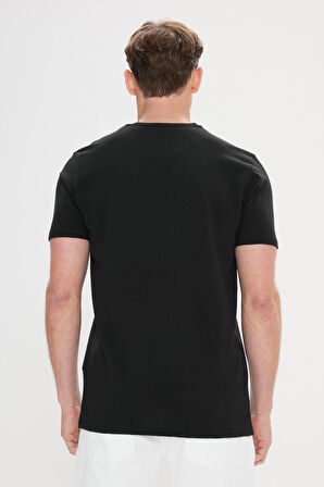 Erkek Siyah Slim Fit Dar Kesim Bisiklet Yaka Kısa Kollu Yumuşak Tuşeli Basic Tişört