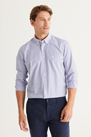 Erkek Mavi-Beyaz Slim Fit Dar Kesim Düğmeli Yaka Pamuklu Çizgili Gömlek