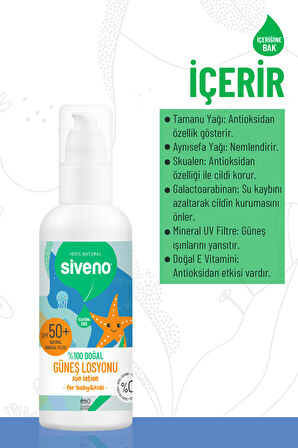 Siveno %100 Doğal Çocuk Güneş Losyonu Leke Karşıtı Antioksidan Nemlendirici Bitkisel Vegan UVA UVB SPF50