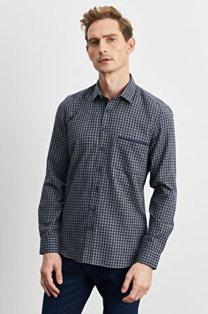 Erkek Lacivert-gri Slim Fit Düğmeli Yaka Pötikareli Flanel Oduncu Gömlek