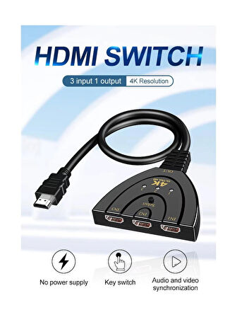 4K HDMI Switch 3 In 1 Out HDMI Giriş Çoklayıcı Port Kablolu Hdmı Otomatik Switch Çoğaltıcı Splitter 1 Giriş 3 Çıkış Hd Siwich