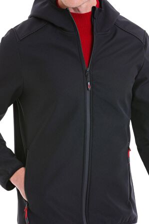 Siyah Su ve Rüzgar Geçirmez Kapüşonlu Softshell Mont | S