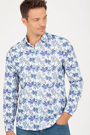 Slim Fit Mavi Baskılı Spor Gömlek | S