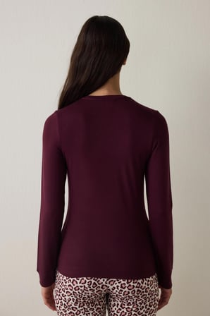 Bordo  Sloganlı Uzun Kollu Termal Etkili Pijama Üstü