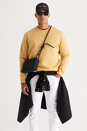 Erkek Hardal Standart Fit Normal Kesim Içi Polarlı 3 Iplik Bisiklet Yaka Pamuklu Sweatshirt