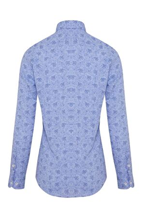 Mavi Desenli Slim Fit Keten Gömlek | S