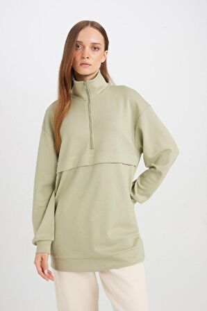 DeFacto Yarım Fermuarlı Dik Yaka Basic Düz Sweatshirt Tunik D1615AX24AUGN497