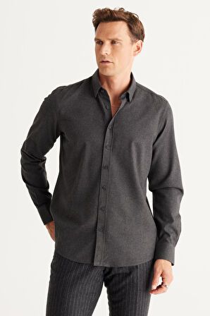 Erkek Antrasit Recycle Slim Fit Dar Kesim Gizli Düğmeli Yaka Pamuklu Flanel Oduncu Gömlek