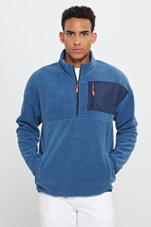 Erkek Indigo Oversize Bol Kesim Bato Yaka Cep Detaylı Fermuarlı Isı Tutan Polar Sweatshirt