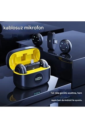Kablosuz Profesyonel İkili Yayın Yaka Mikrofonu Şarj Kutu Mıknatıslı Typce Lightning Çıkış Mikrofon