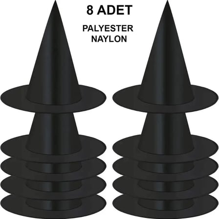 8 Adet Siyah Cadı Şapkası – Yetişkin  Çocuk Kostüm Aksesuarı