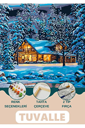 Dağ Evi Sayılarla Boyama Seti, Hobi Seti, 40X50 Tablo, Fırça Boya Asma Aparatı Dahil, Kar, Doğa