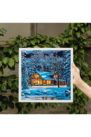 Dağ Evi Sayılarla Boyama Seti, Hobi Seti, 40X50 Tablo, Fırça Boya Asma Aparatı Dahil, Kar, Doğa