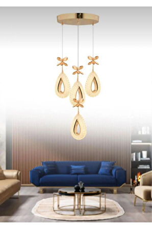 Damla Model 4'lü Gold 3 Renk Modu Ledli Kristal Taşlı Modern Salon Mutfak Oturma Odası Led Avize