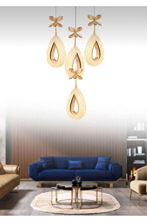 Damla Model 4'lü Gold 3 Renk Modu Ledli Kristal Taşlı Modern Salon Mutfak Oturma Odası Led Avize