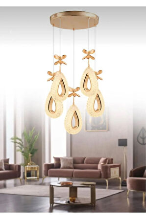 Damla Model 5'li Gold 3 Renk Modu Ledli Kristal Taşlı Modern Salon Mutfak Oturma Odası Led Avize